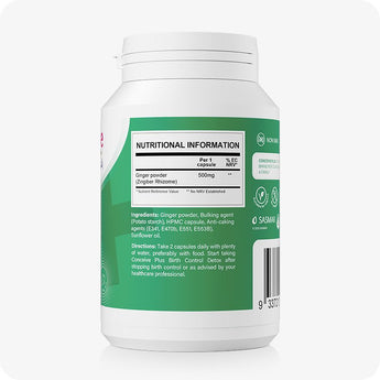 Conceive Plus Morning Sickness Relief supplement bottle displaying nutritional information panel with 500mg ginger powder per capsule, full ingredient list, and daily usage directions printed on green and white label.