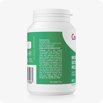 Conceive Plus Morning Sickness Relief bottle showing side label with cautionary usage instructions, barcode, manufacturer contact, and allergy advice, all printed on green and white container with curved label edges.