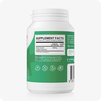 Supplement container with green label on a white background
