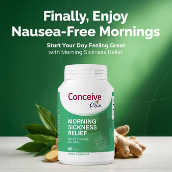 Conceive Plus morning sickness relief supplement bottle with ginger and leaves on a green background