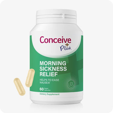 Supplement container labeled 'Conceive Plus' for morning sickness relief on a white background
