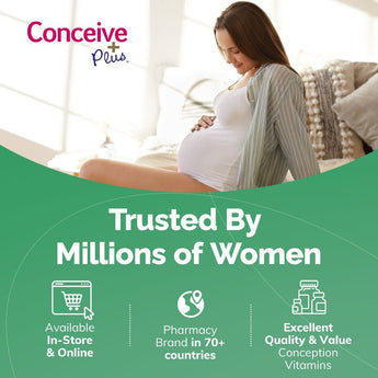 Pregnant woman sitting on a couch with 'Conceive Plus' branding and text about trusted products.