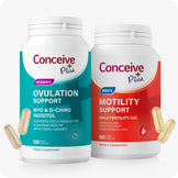 Two Conceive Plus supplement bottles, one for women's ovulation support and one for men's motility support, on a white background.