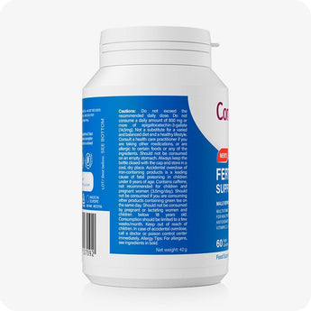 For Conceive Plus Motility Booster Bundle, a side view of Men's Fertility Support bottle, showing detailed cautionary instructions, usage warnings, barcode, and manufacturing details printed on blue label on a white background.