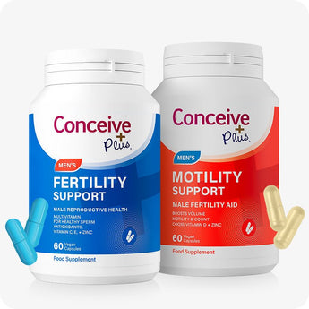 Conceive Plus Motility Booster Bundle featuring two bottles—Men's Fertility Support in blue and Men's Motility Support in red—standing side by side with corresponding blue and yellow capsules placed in front, against a soft white background.