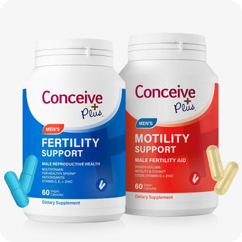 Two Conceive Plus men's fertility support supplement bottles on a white background