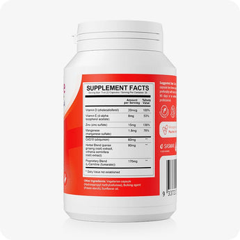 Supplement container with a red label showing supplement facts on a white background