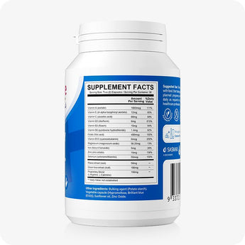 Supplement container with blue label showing 'Supplement Facts' on a white background