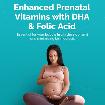 Pregnant woman with text about enhanced prenatal vitamins with DHA & Folic Acid on a teal background
