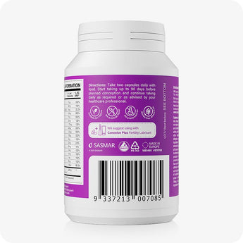 For Conceive Plus Women's Fertility Support and Ovulation Support Bundle, back of Women's Fertility Support bottle with supplement facts, daily dosage instructions, quality icons, barcode, and a usage note recommending pairing with Conceive Plus Fertility Lubricant, all printed on a purple label.