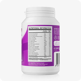 For Conceive Plus Women's Fertility Support and Ovulation Support Bundle, close-up of nutritional information panel on Women's Fertility Support bottle, listing key vitamins, minerals, and active ingredients like folic acid, zinc, and inositol on a purple label with clear dosage values.