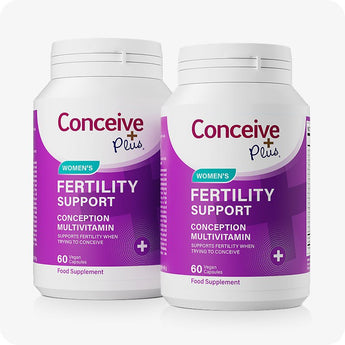 For Conceive Plus Women's Fertility Support and Ovulation Support Bundle, a double pack of Women's Fertility Support bottles, each containing 60 vegan capsules in purple-labeled containers, arranged side by side on a white background to emphasize value and quantity.