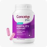 Supplement container labeled 'Conceive Plus' for women's fertility support on a white background