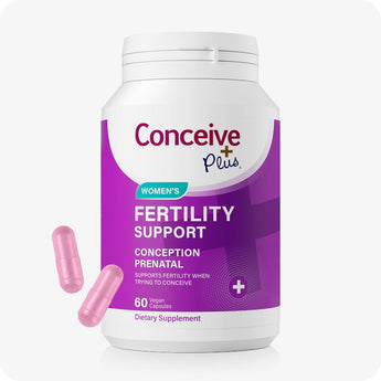 Supplement container labeled 'Conceive Plus' for women's fertility support on a white background