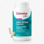 Supplement bottle labeled 'Conceive Plus' for ovulation support on a white background
